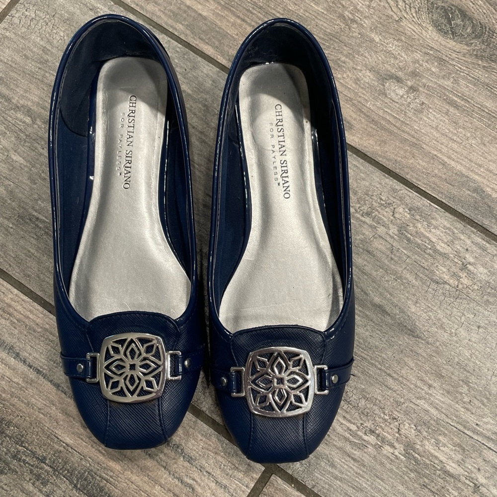 Christian Siriano Navy Patent Ballet Flats with Silver Medallion